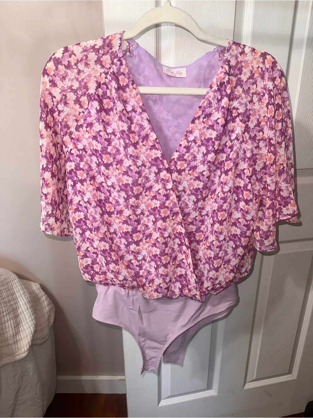 Pink Lily Lavender & Pink Floral Wrap Bodysuit
